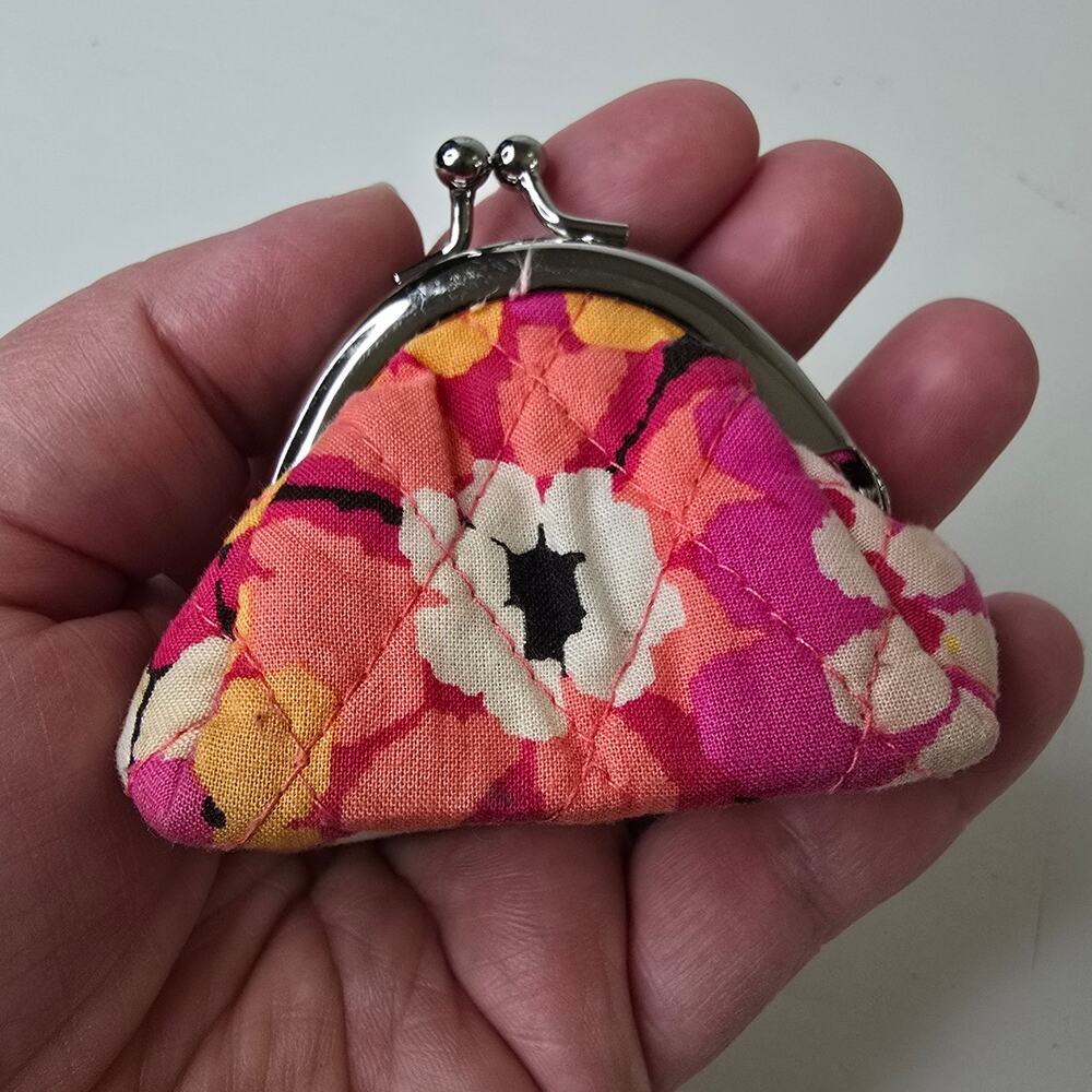 Vera Bradley MINI Kiss Lock Coin Purse Quilted Floral Pink, Peach, Grey, Yellow